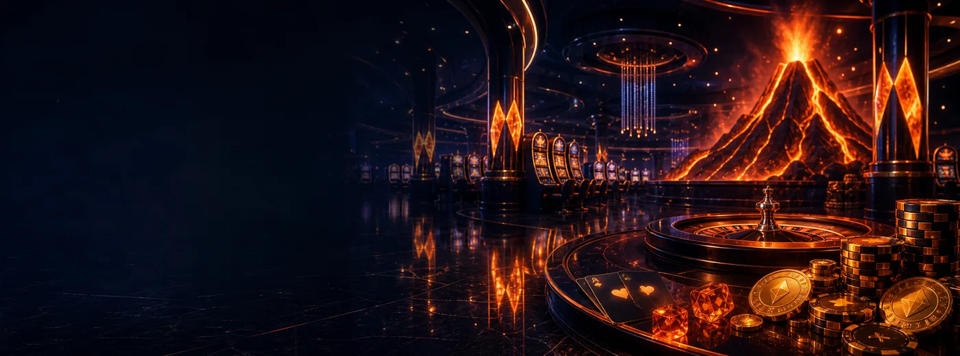 Lobby kasyna Vulkan Vegas z ognistą scenografią i automatami
